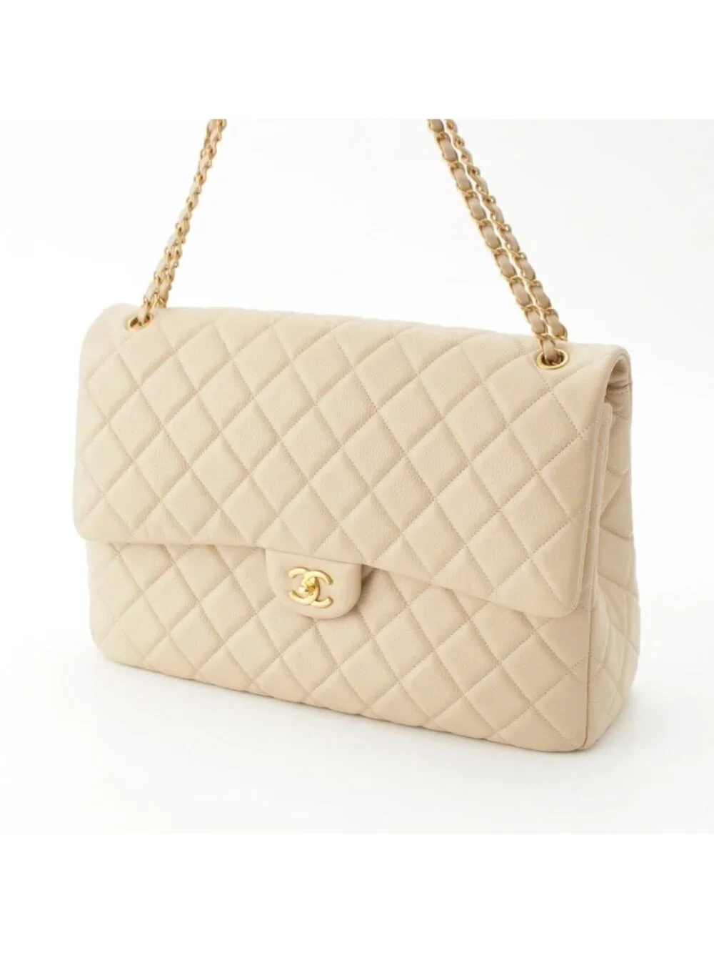 Chanel Jumbo Quilted Grain Calf Caviar Leather Chain Shoulder Bag Beige